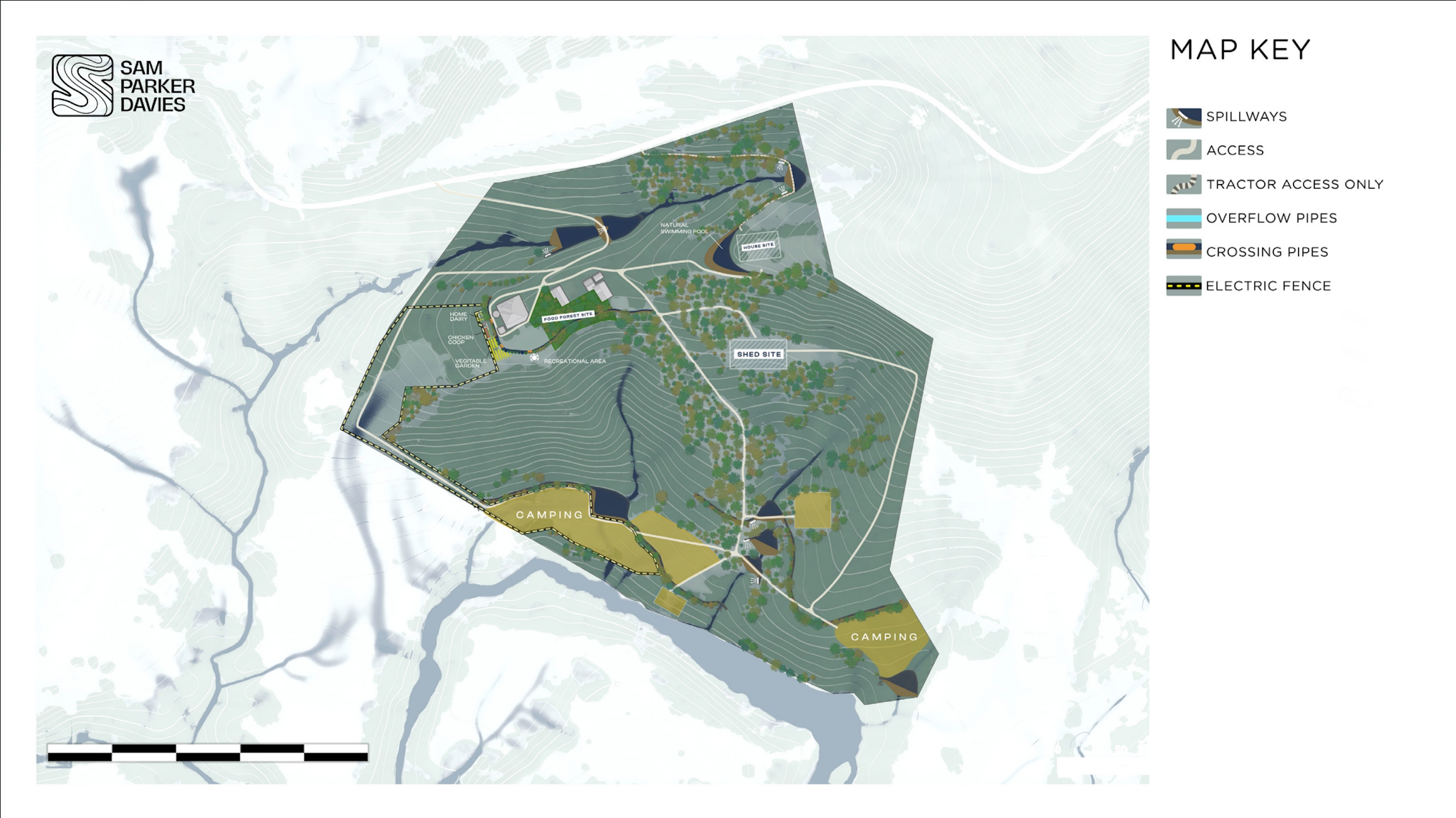 LiDAR topographic map showing land design with contour lines, water features, access paths, and vegetation zones